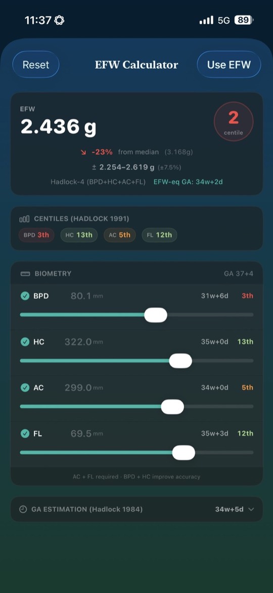 EFW calculator — live biometry sliders with Hadlock centiles recomputing in real time