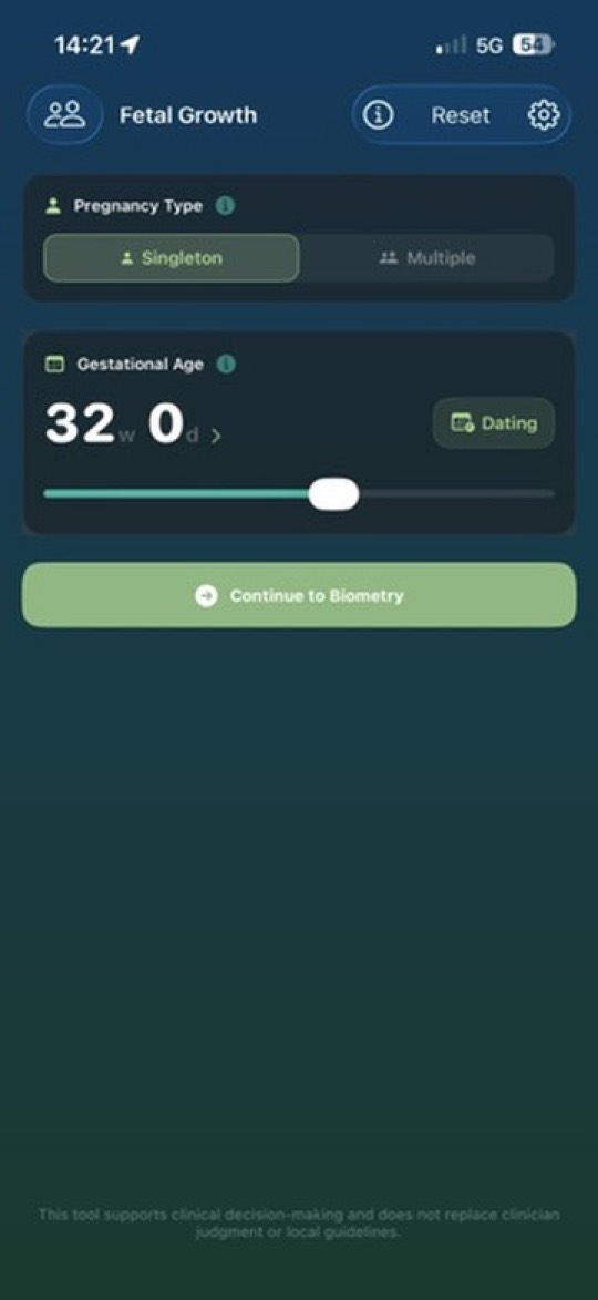 ObGynAssist entry screen — pregnancy type and gestational age slider
