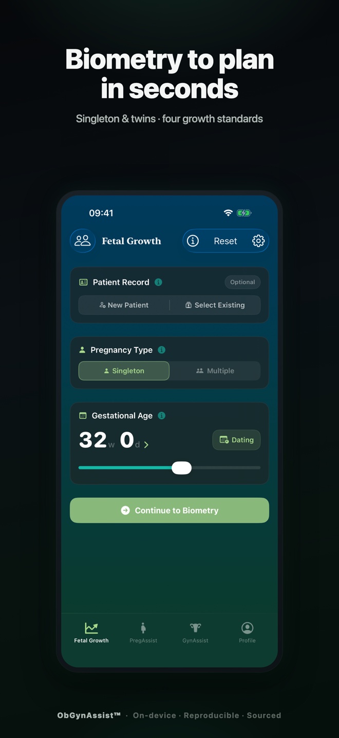 ObGynAssist entry screen — pregnancy type and gestational age slider, headlined 'Biometry to plan in seconds'