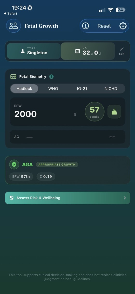 Sourced result — AGA classification with centile, z-score and four selectable centile standards